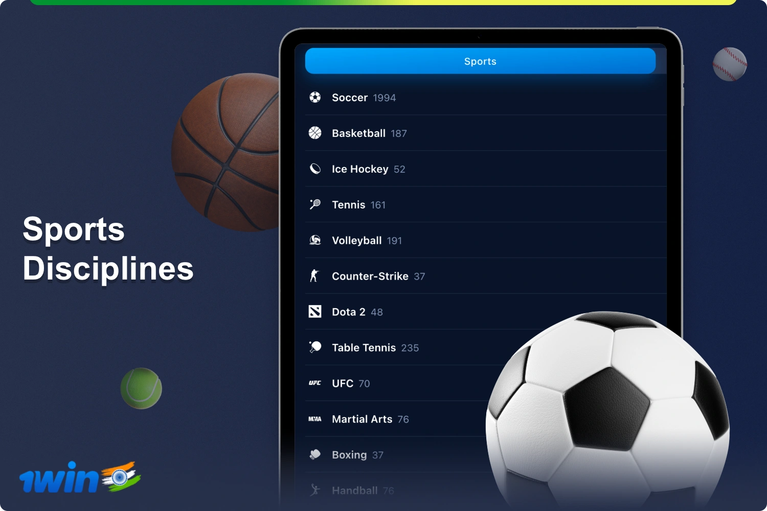 On the platform 1win users from India can bet on dozens of sports disciplines