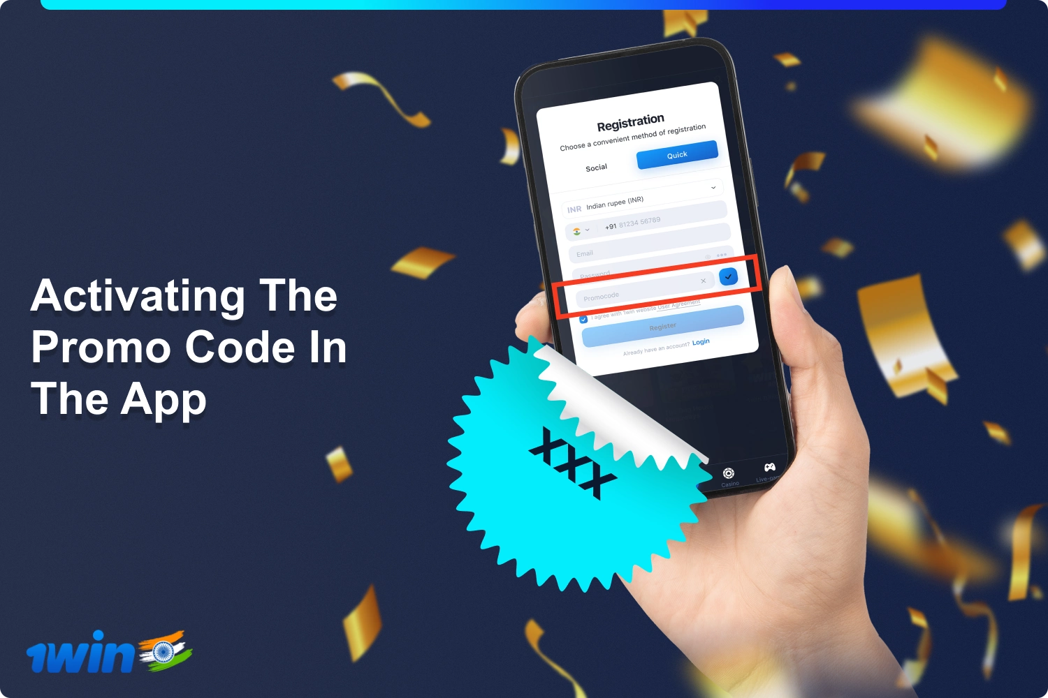 Users from India can activate the promo code through the mobile app and get the 1win bonus